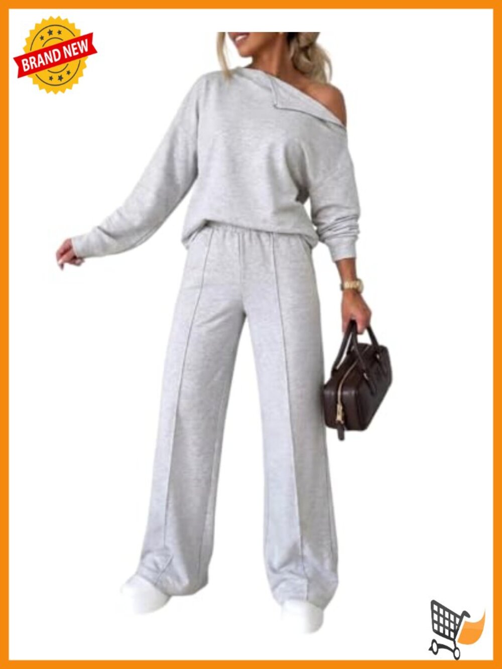 CHICME 2 Piece Wide Leg Sweatpants Set Slanted Neck Long Sleeve Top Women's